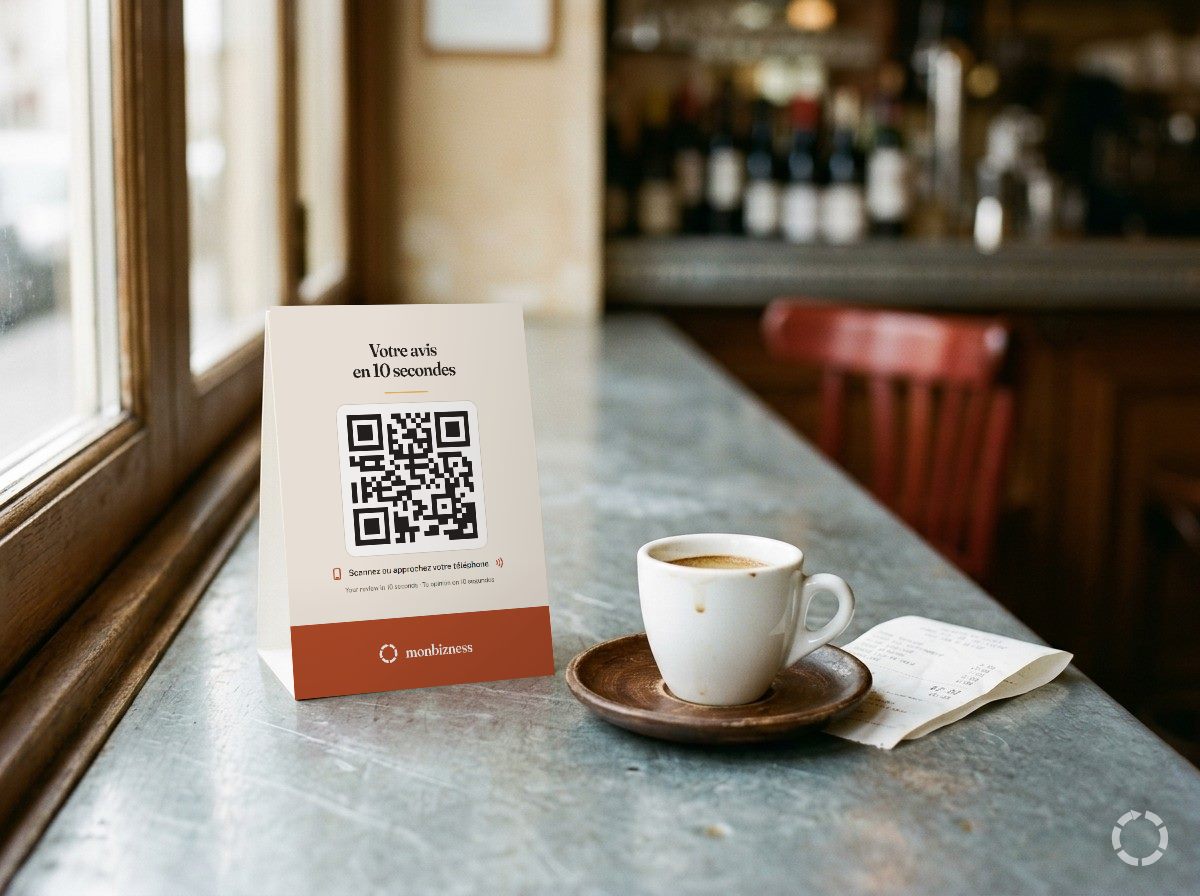 Un chevalet monbizness avec QR code posé sur le comptoir en zinc d'un café, à côté d'un expresso et d'un ticket de caisse