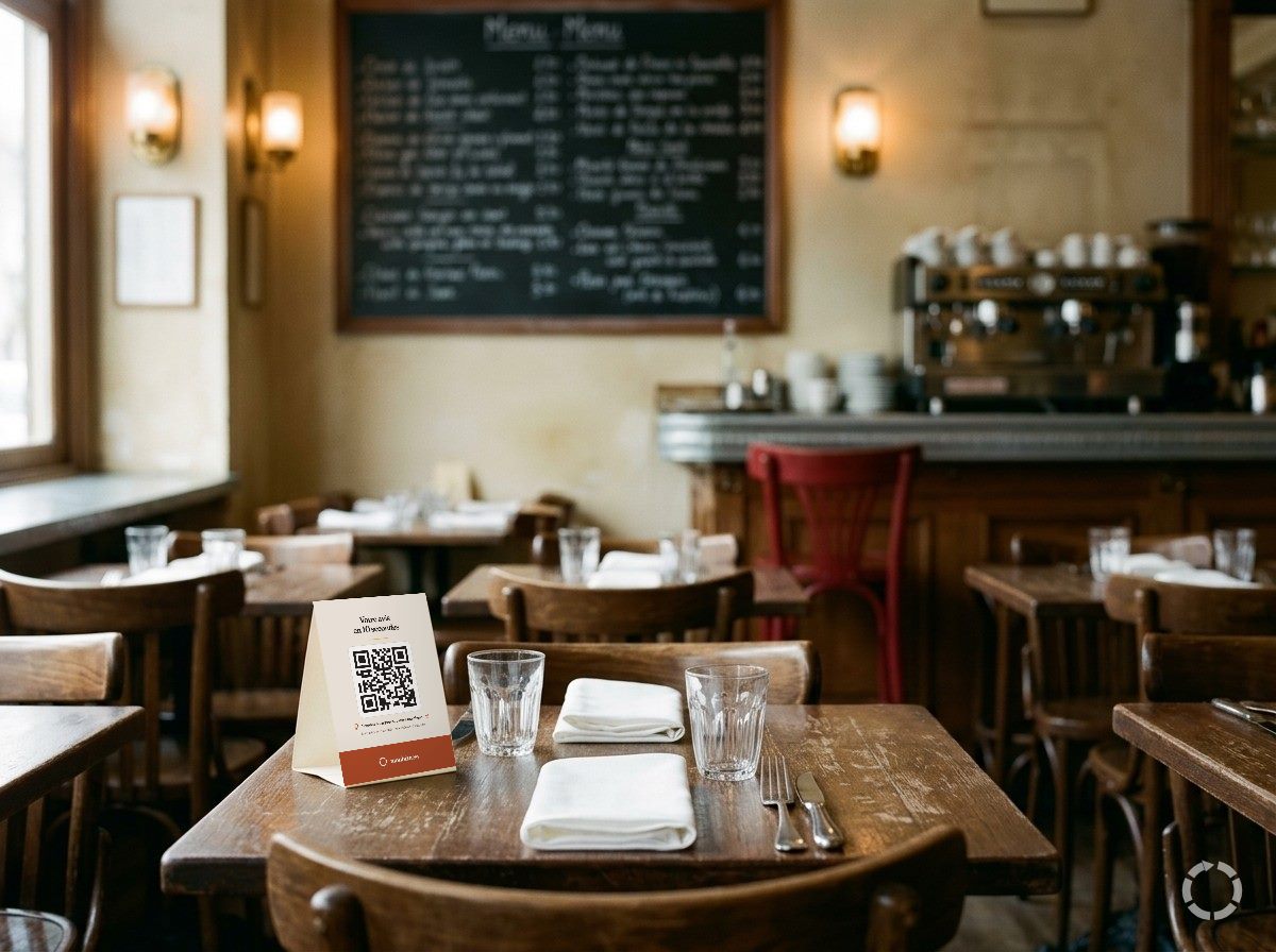 Salle d'un bistrot avant le service : table en bois dressée avec un chevalet monbizness, ardoise du menu et comptoir en zinc
